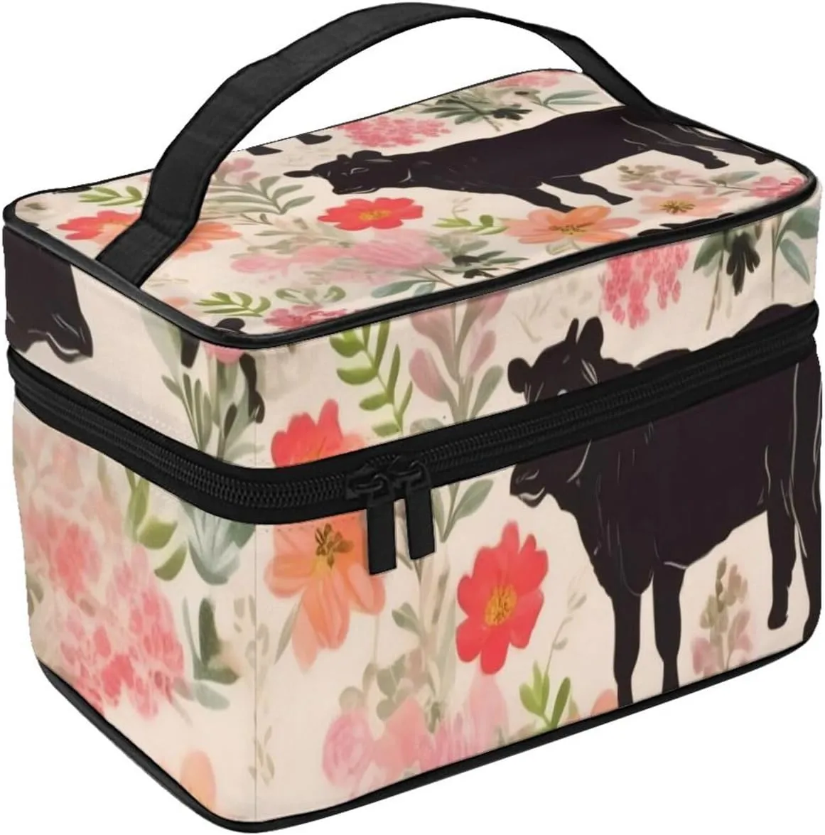 Makeup Bags Portable Travel Cosmetic Bag For Women, Zipper Makeup Organizer,Cute Pink Flower Show Steer Cows Cattle Cosmetic Bag