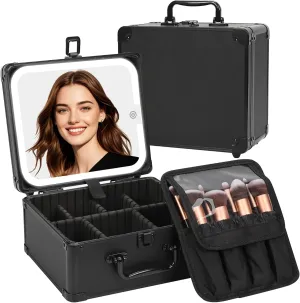 Makeup Box with LED Mirror, Waterproof Travel Train Case, Cosmetic Organizer Bag Portable Aluminum Cosmetic Bag with Adjustable Dividers and Detachable Mirror, Makeup Brush Holder Storage Black