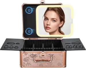 Makeup Case with Magnetic Lighted Mirror Cosmetic Train Box Detachable LED Mirror Adjustable Brightness in 3 Colors Waterproof Storage Organizer Artist Suitcase with Dividers Brush Holder, Rose Gold
