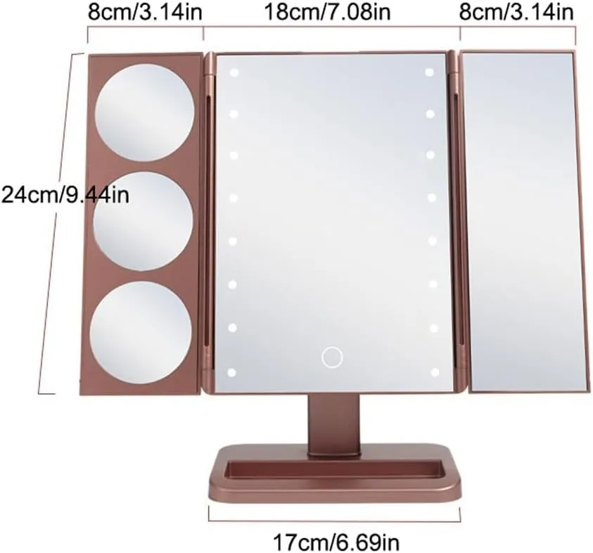 Makeup Mirror Cosmetic Mirror LED Three-fold Foldable Girls Beauty Portable Light Mirror Desktop Makeup Mirror with Light Vanity Mirror(A)