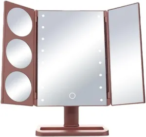 Makeup Mirror Cosmetic Mirror LED Three-fold Foldable Girls Beauty Portable Light Mirror Desktop Makeup Mirror with Light Vanity Mirror(A)