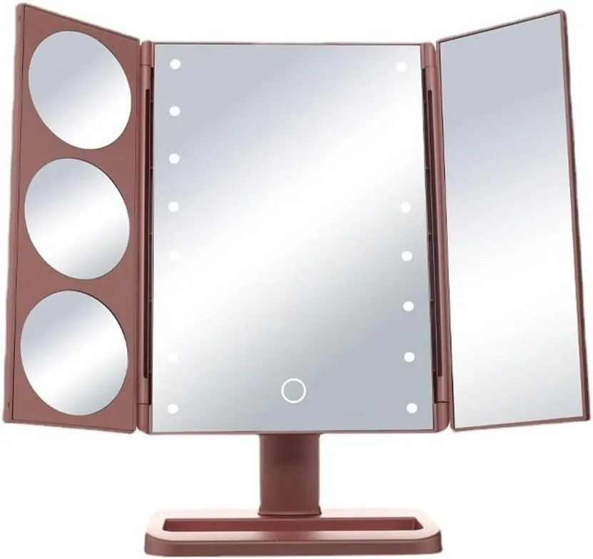 Makeup Mirror Cosmetic Mirror LED Three-fold Foldable Girls Beauty Portable Light Mirror Desktop Makeup Mirror with Light Vanity Mirror(A)