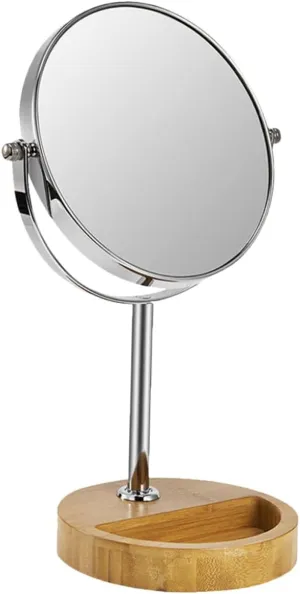 Makeup Mirror Led Lights Rotating Double-Sided Vanity Mirror Bamboo Wood Base 360° Free Rotation Perfect for Desk