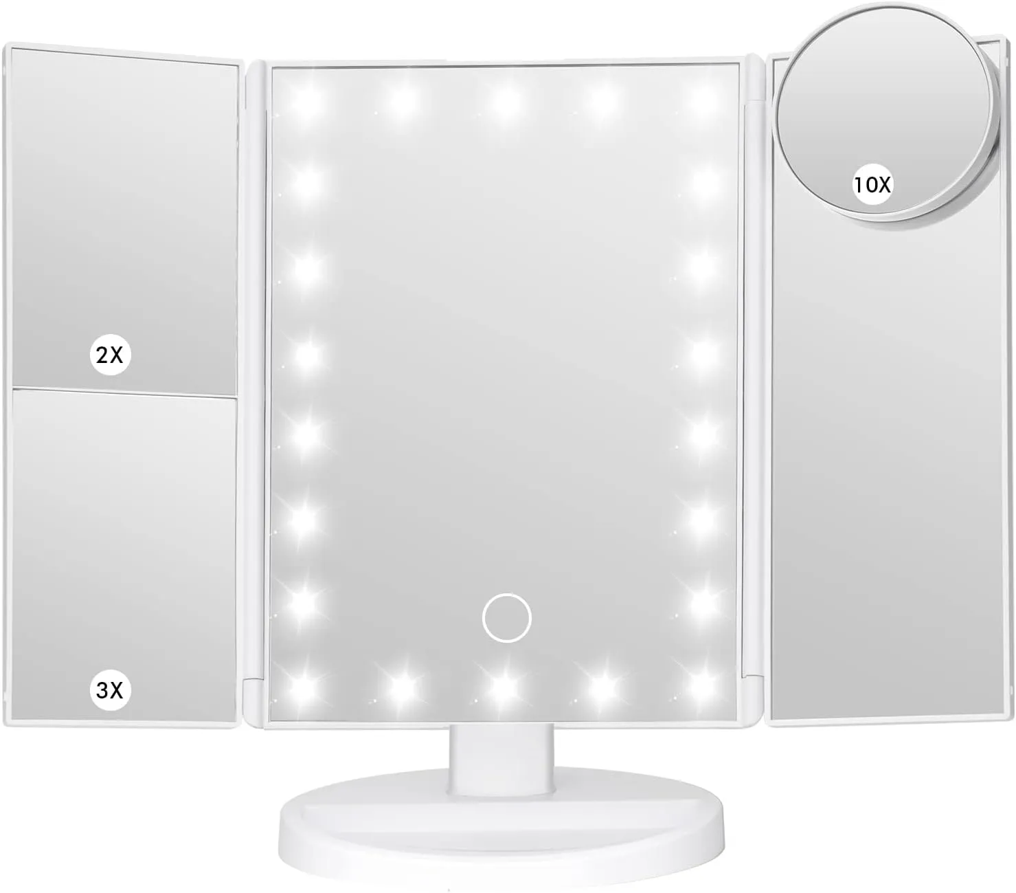 Makeup Mirror Vanity Mirror with Lights, Bathroom Adjustable Brightness Mirrors 1X/2X/3X/10X Magnification and Touch Screen Trifold Makeup Mirror Two Power Supply Modes Women Gift White
