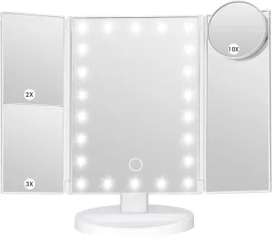 Makeup Mirror Vanity Mirror with Lights, Bathroom Adjustable Brightness Mirrors 1X/2X/3X/10X Magnification and Touch Screen Trifold Makeup Mirror Two Power Supply Modes Women Gift White