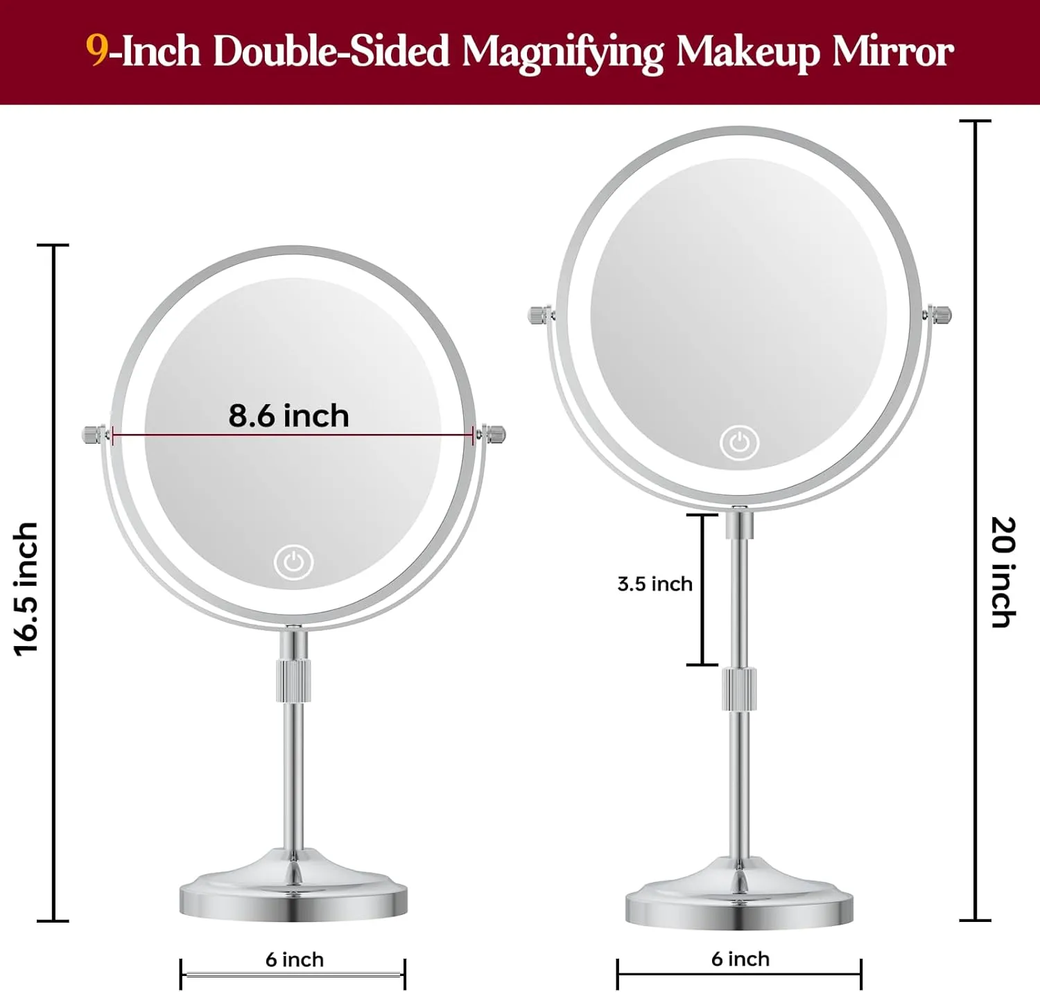 Makeup Mirror with Lights and Magnification 10X/1X, 360° Swivel Double Sided Rechargeable LED 9" Cosmetic Mirror, 3 Color Dimmable Lights & Height Adjustable Vanity Mirror Chrome