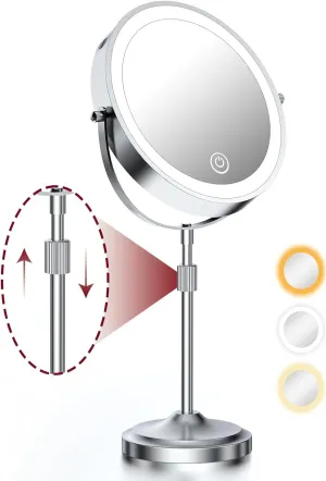 Makeup Mirror with Lights and Magnification 10X/1X, 360° Swivel Double Sided Rechargeable LED 9" Cosmetic Mirror, 3 Color Dimmable Lights & Height Adjustable Vanity Mirror Chrome