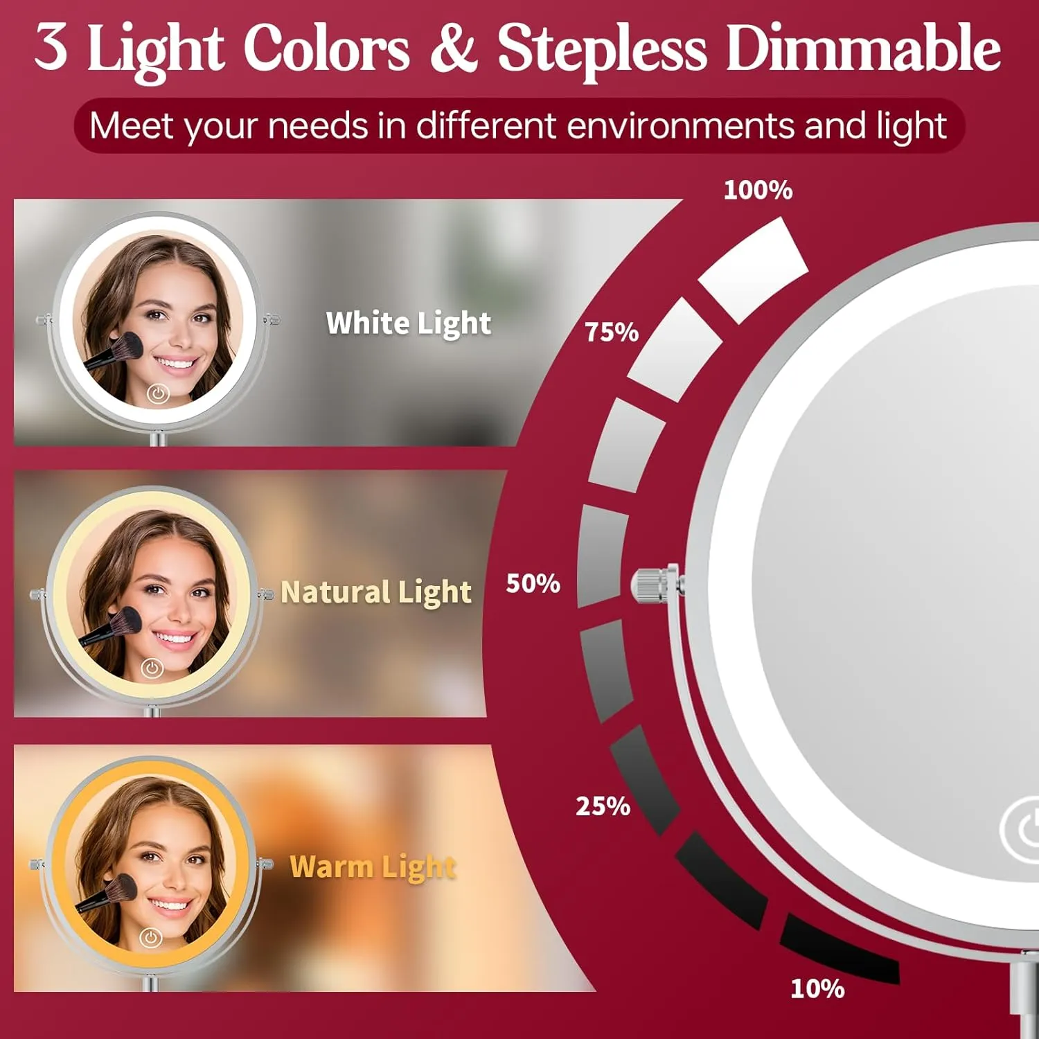 Makeup Mirror with Lights and Magnification 10X/1X, 360° Swivel Double Sided Rechargeable LED 9" Cosmetic Mirror, 3 Color Dimmable Lights & Height Adjustable Vanity Mirror Chrome