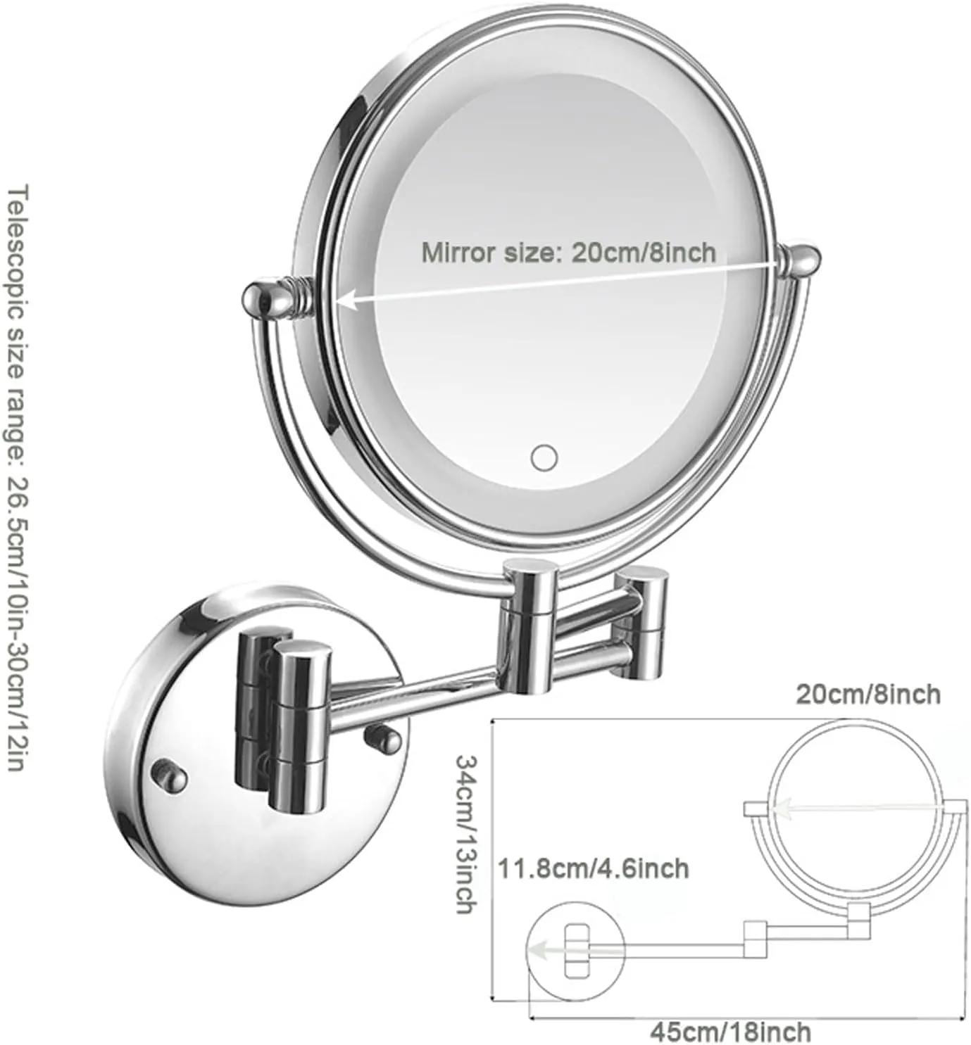 Makeup Mirror with Lights and Magnification Wall Mounted, Cosmetic Vanity Mirror with Led, 360° Swivel Double Sided, Extend and Fold Touch Control Magnifying Mirror, Plug 7X,Brushed Nickel