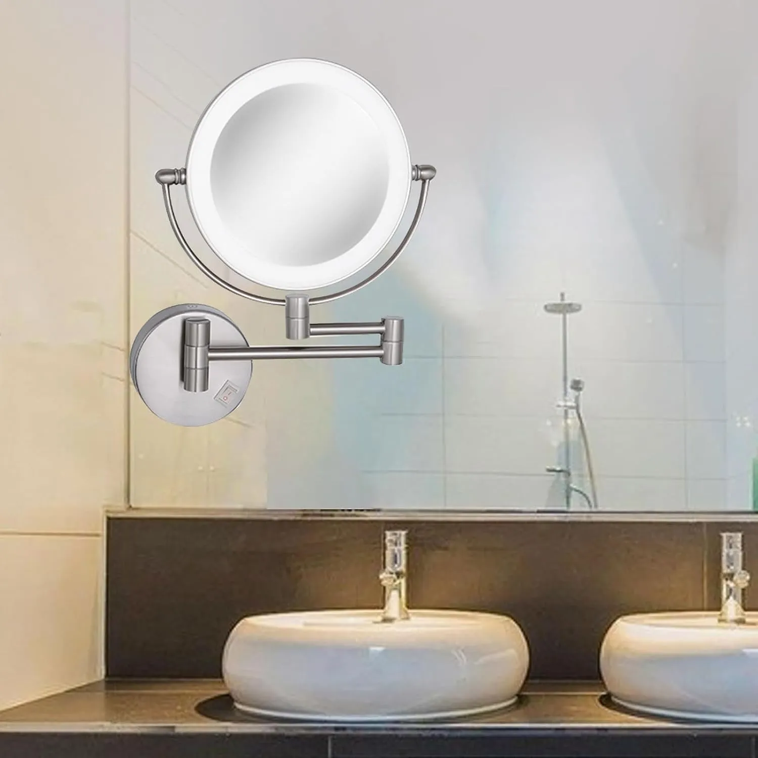 Makeup Mirror with Lights and Magnification Wall Mounted, Wall Mounted Cosmetic Vanity Mirror with Led, Double Sided Extend and Fold Bathroom Shaving Mirror