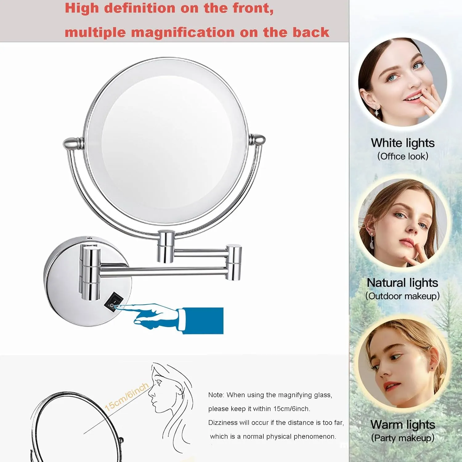 Makeup Mirror with Lights and Magnification Wall Mounted, Wall Mounted Cosmetic Vanity Mirror with Led, Double Sided Extend and Fold Bathroom Shaving Mirror