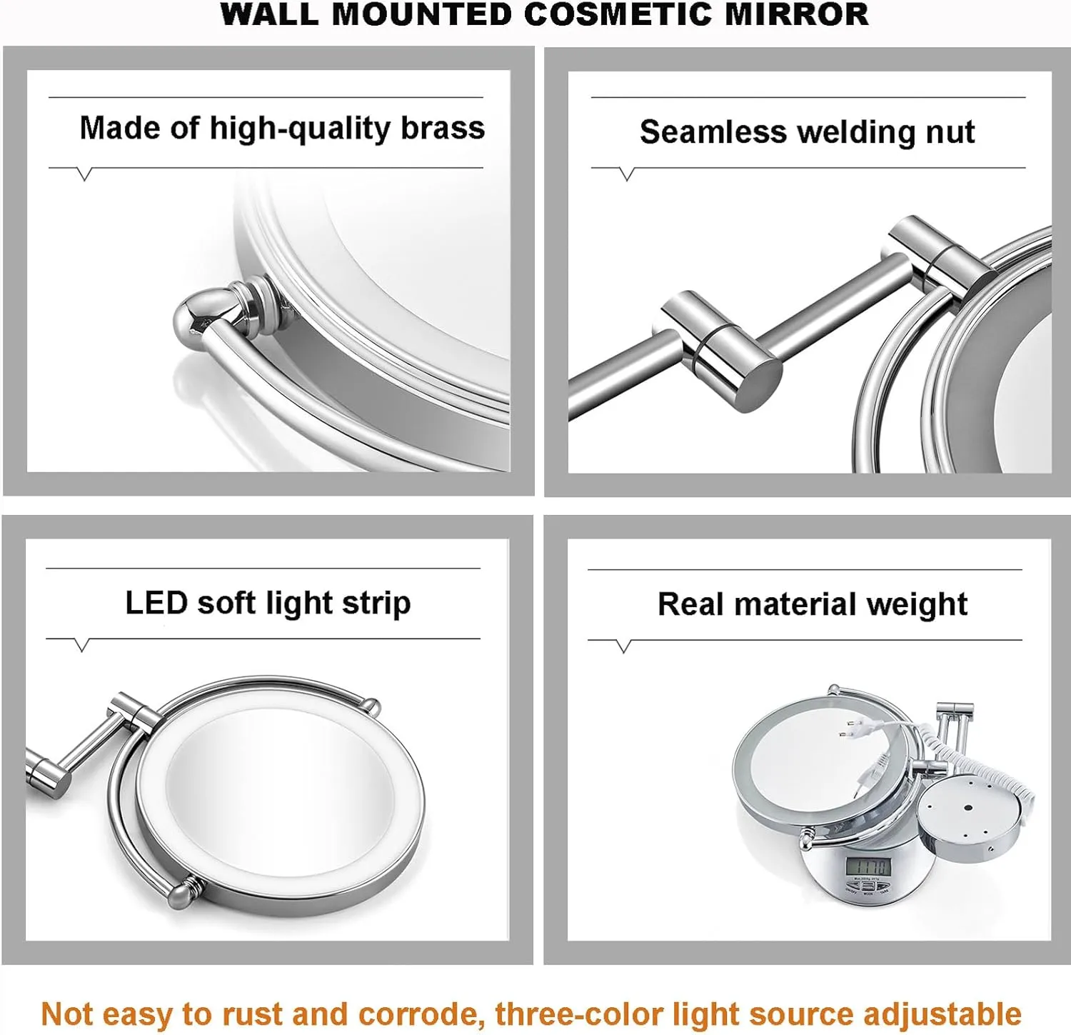 Makeup Mirror with Lights and Magnification Wall Mounted, Wall Mounted Cosmetic Vanity Mirror with Led, Double Sided Extend and Fold Bathroom Shaving Mirror