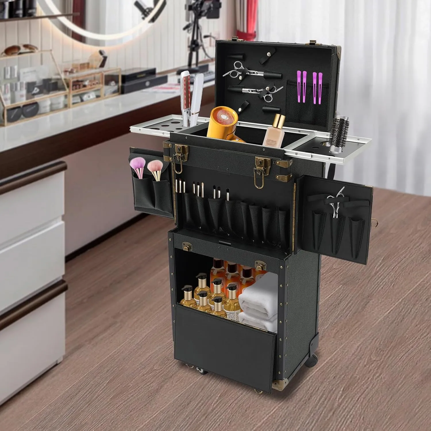 Makeup Rolling Case Large Hairdressing Tool Organiser 2 Mobile Password Locks and 2 Keys, Professional Makeup Train Case for Make Up Nail Hairstylists (Black)