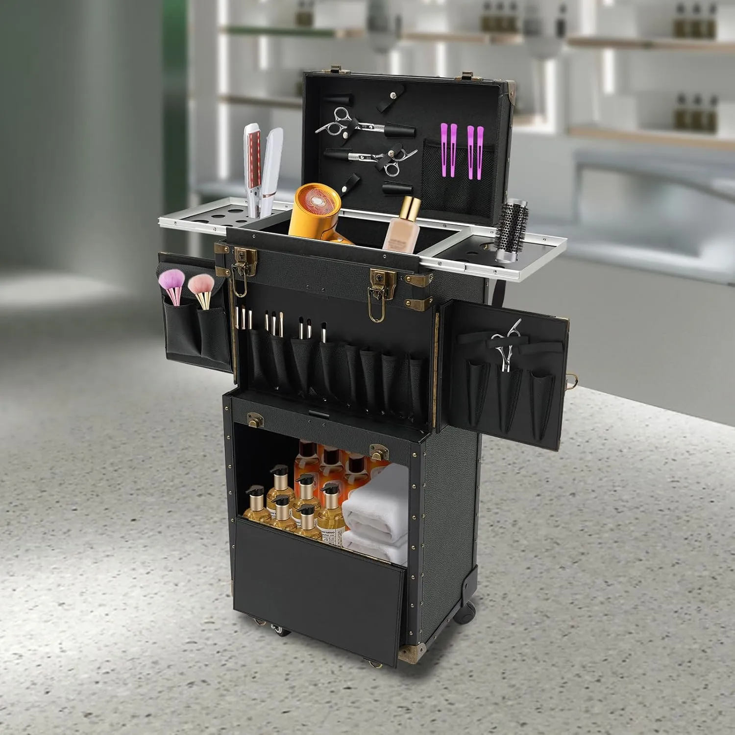 Makeup Rolling Case Large Hairdressing Tool Organiser 2 Mobile Password Locks and 2 Keys, Professional Makeup Train Case for Make Up Nail Hairstylists (Black)