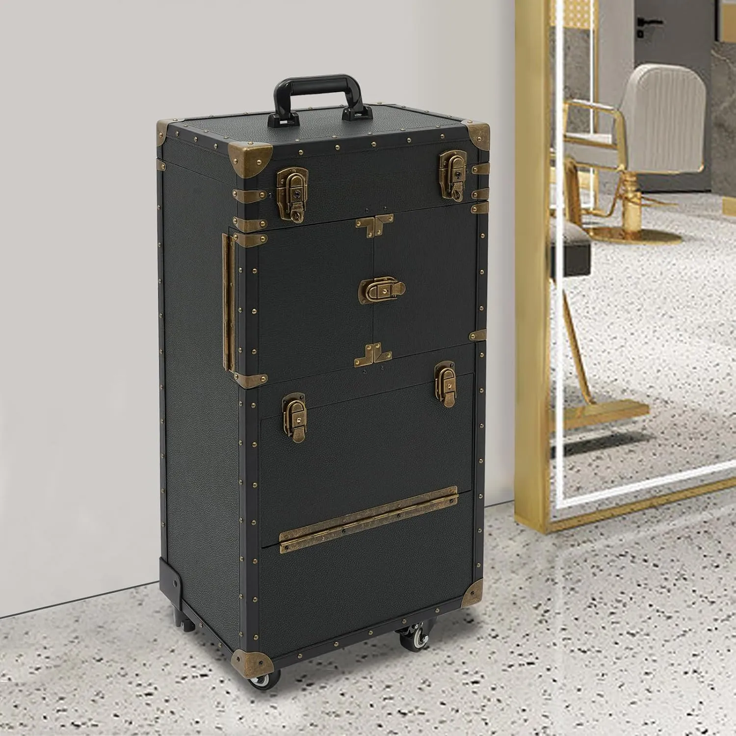 Makeup Rolling Case Large Hairdressing Tool Organiser 2 Mobile Password Locks and 2 Keys, Professional Makeup Train Case for Make Up Nail Hairstylists (Black)