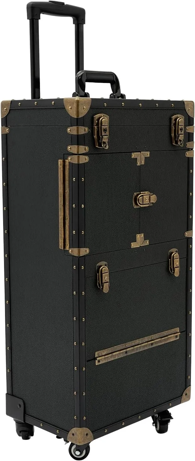 Makeup Rolling Case Large Hairdressing Tool Organiser 2 Mobile Password Locks and 2 Keys, Professional Makeup Train Case for Make Up Nail Hairstylists (Black)