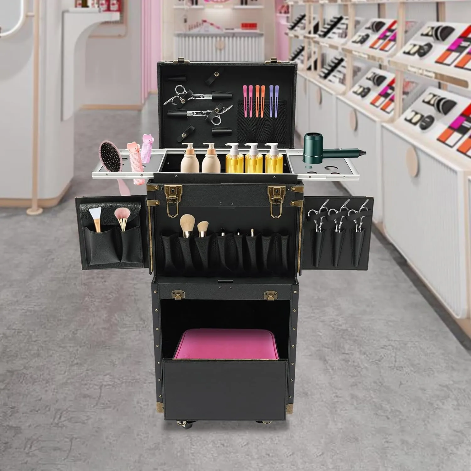 Makeup Rolling Case Large Hairdressing Tool Organiser 2 Mobile Password Locks and 2 Keys, Professional Makeup Train Case for Make Up Nail Hairstylists (Black)