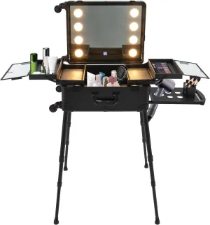 Makeup Train Case, Professional Makeup Train Case with LED Light, Portable Rolling Travel Cosmetic Organizer with Adjustable Legs Height, Travel Cosmetic Organizer w/ 4 Wheels (Black)