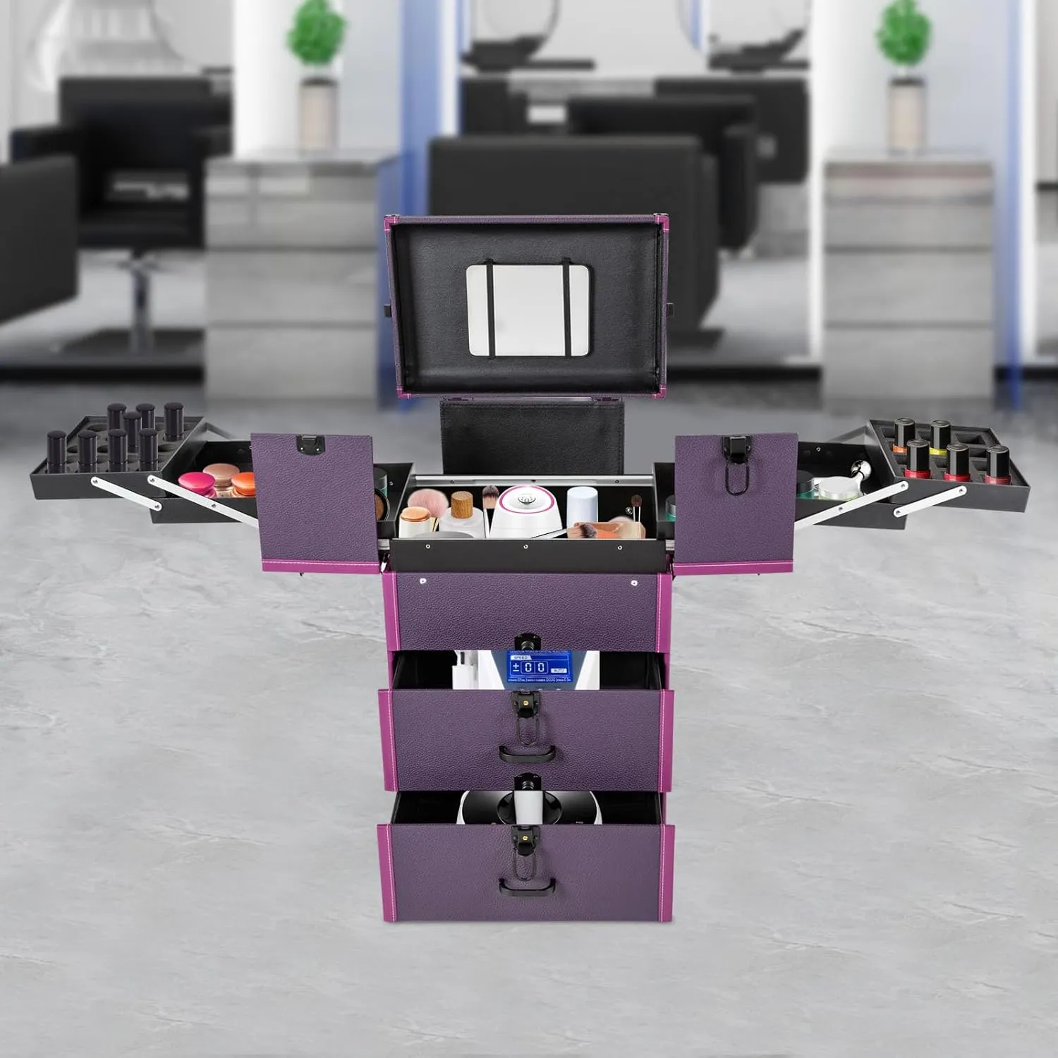 Makeup Train Case, Professional Rolling Cosmetic Trolley Case Lockable Portable Cosmetic Organizer Trolley Large Cosmetic Orgainzer for Wedding Makeup Scenarios Outdoor Shooting Cinemas (Purple)