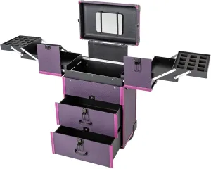 Makeup Train Case, Professional Rolling Cosmetic Trolley Case Lockable Portable Cosmetic Organizer Trolley Large Cosmetic Orgainzer for Wedding Makeup Scenarios Outdoor Shooting Cinemas (Purple)