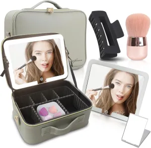 Makeup Travel Bag Case with Detachable Mirror LED Light Bundle Adjustable Brightness Mobile Cosmetic Bag Portable Storage - Comes With Hair Clip, Makeup Egg Swabs, Brushes, 2nd mirror