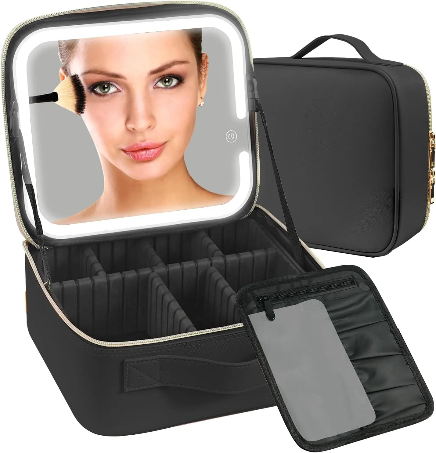 Makeup Travel Bag with LED Lighted Mirror,Makeup Travel Train Case with Adjustable Divider,Make up Bag with Mirror and light Cosmetic Bag for Make up Brushes,Tool Case,Gifts,Women