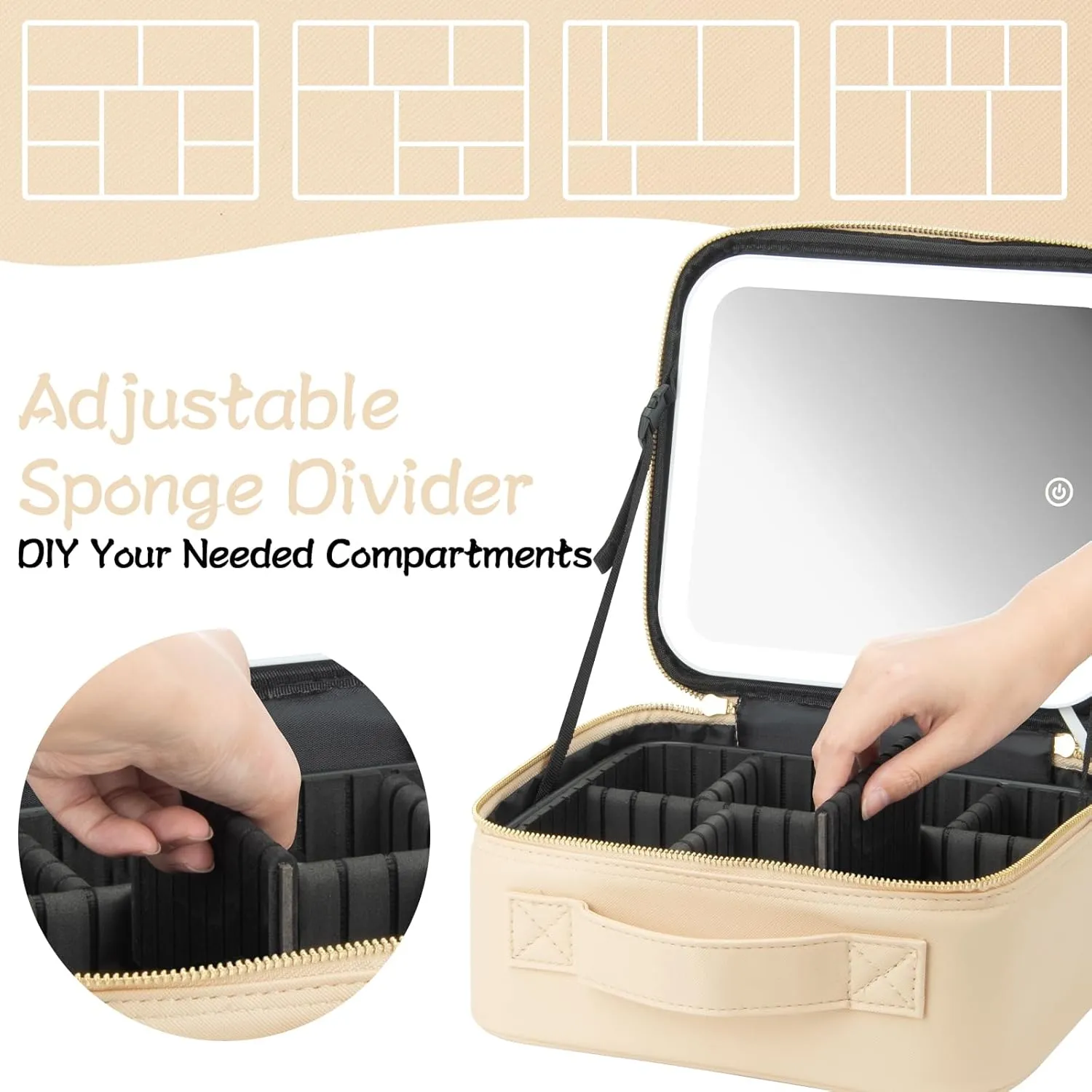 Makeup Travel Train Case with Mirror LED Light 3 Adjustable Brightness Cosmetic Bag Portable Storage Adjustable Partition Waterproof Makeup Brushes Makeup Jewelry Gift for Women (Beige)