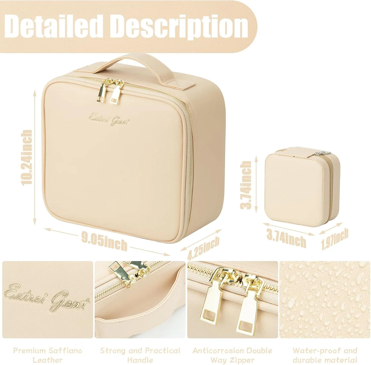 Makeup Travel Train Case with Mirror LED Light 3 Adjustable Brightness Cosmetic Bag Portable Storage Adjustable Partition Waterproof Makeup Brushes Makeup Jewelry Gift for Women (Beige)