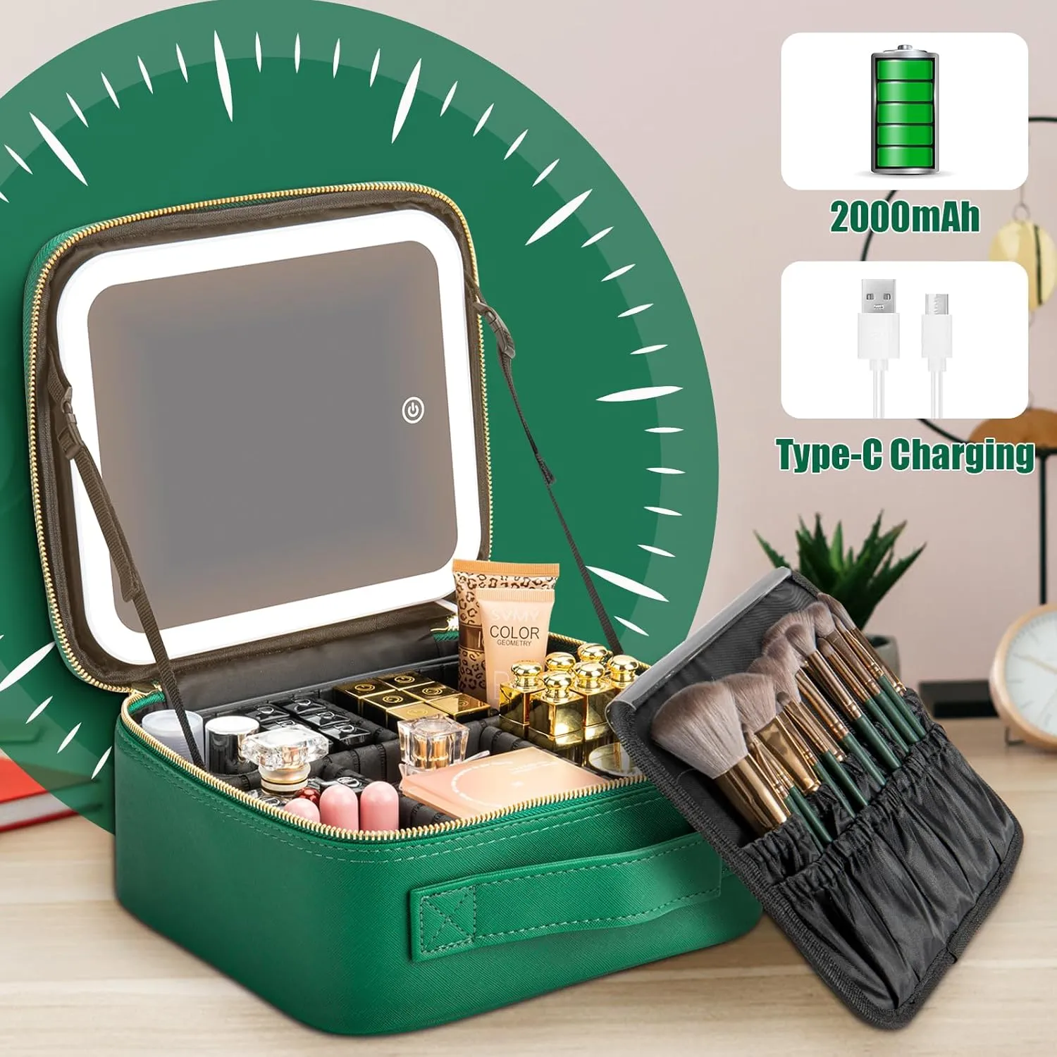Makeup Travel Train Case with Mirror LED Light 3 Adjustable Brightness Cosmetic Bag Portable Storage Adjustable Partition Waterproof Makeup Brushes Makeup Jewelry Gift for Women