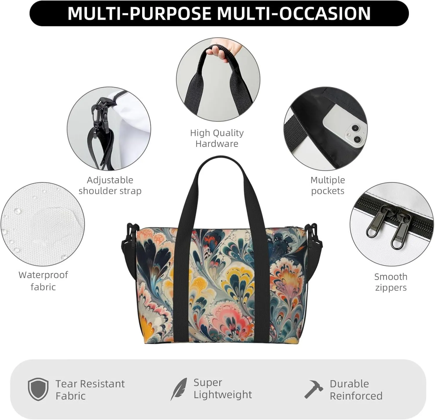 marbled print Travel Duffel Bag, Sports Tote Gym Bag, Swim Pool Bag Large Shoulder Tote Bag for Beach Weekender, 202-406-121