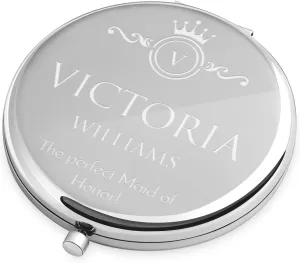 Maverton Silver Personalized Compact Mirror for Woman - Cosmetic Bag Accessory for Girl - Travel Size Mirror for Birthday - Customized Gadget for Women - Pocket Mirror - Love