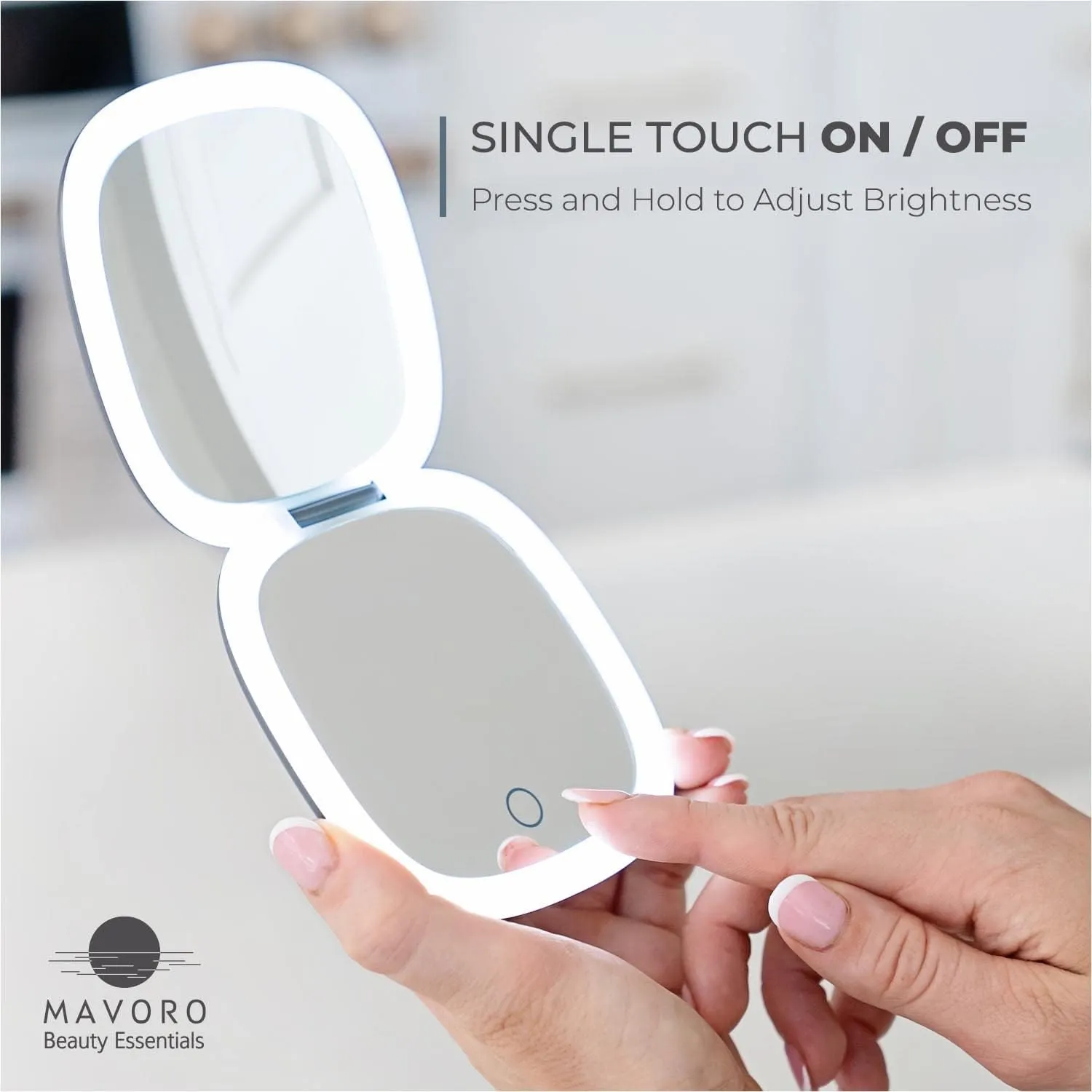 Mavoro LED Lighted Travel Makeup Mirror, Rechargeable, 1x/10x Magnification - Daylight LED, Pocket or Purse Mirror, Small Travel Mirror. Folding Portable Mirror, Touch Sensor, USB (Graphite Grey)
