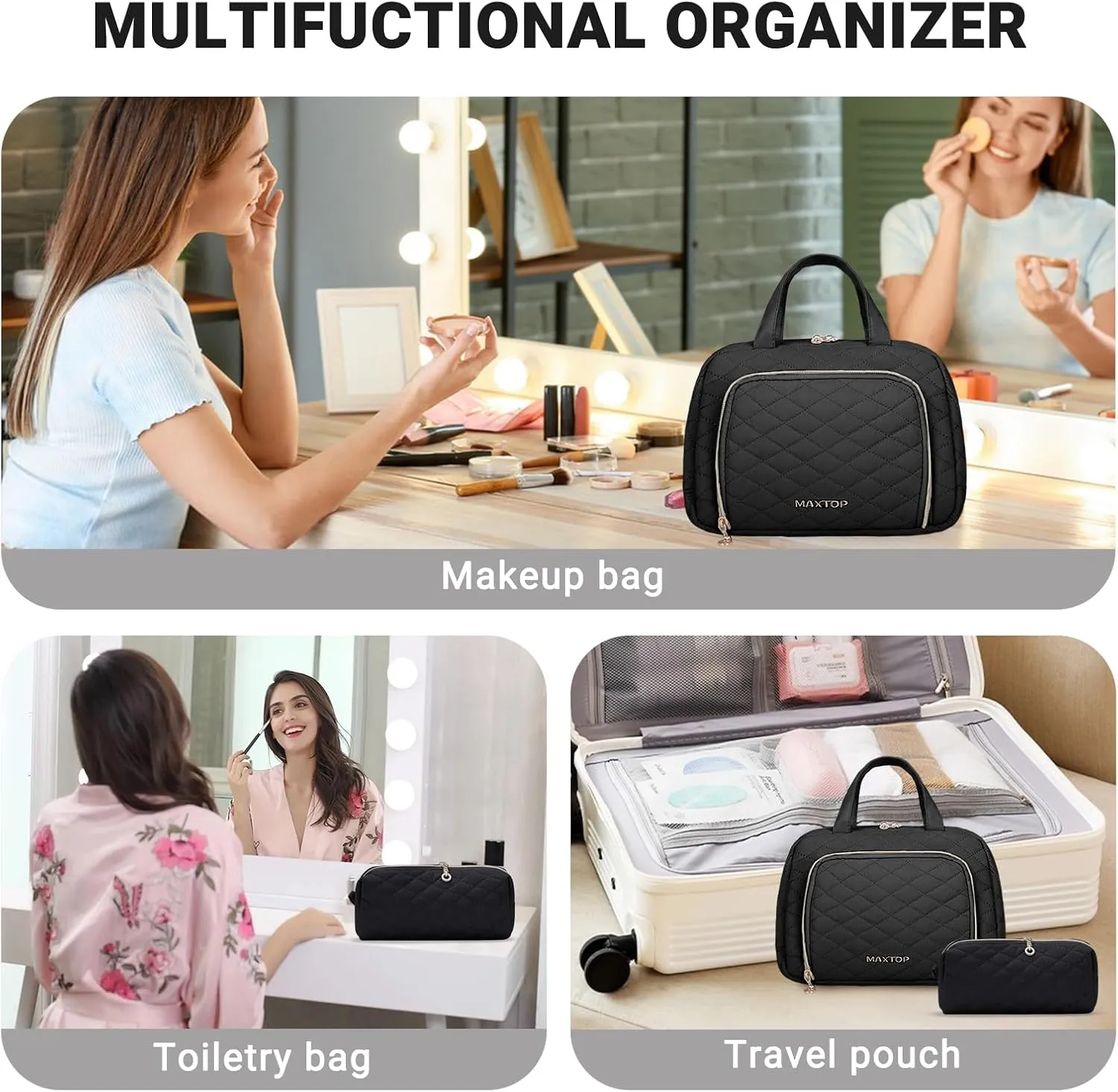 MAXTOP Large Capacity Makeup Bag,2-Piece Quilted Cosmetic Bags for Women,Travel Toiletry Bag With Jewelry Organizer Compartment and Storage Make Up Organizer Travel Essentials（Pink）