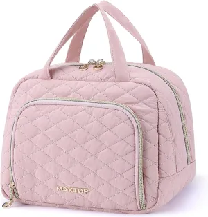 MAXTOP Large Capacity Makeup Bag,2-Piece Quilted Cosmetic Bags for Women,Travel Toiletry Bag With Jewelry Organizer Compartment and Storage Make Up Organizer Travel Essentials（Pink）