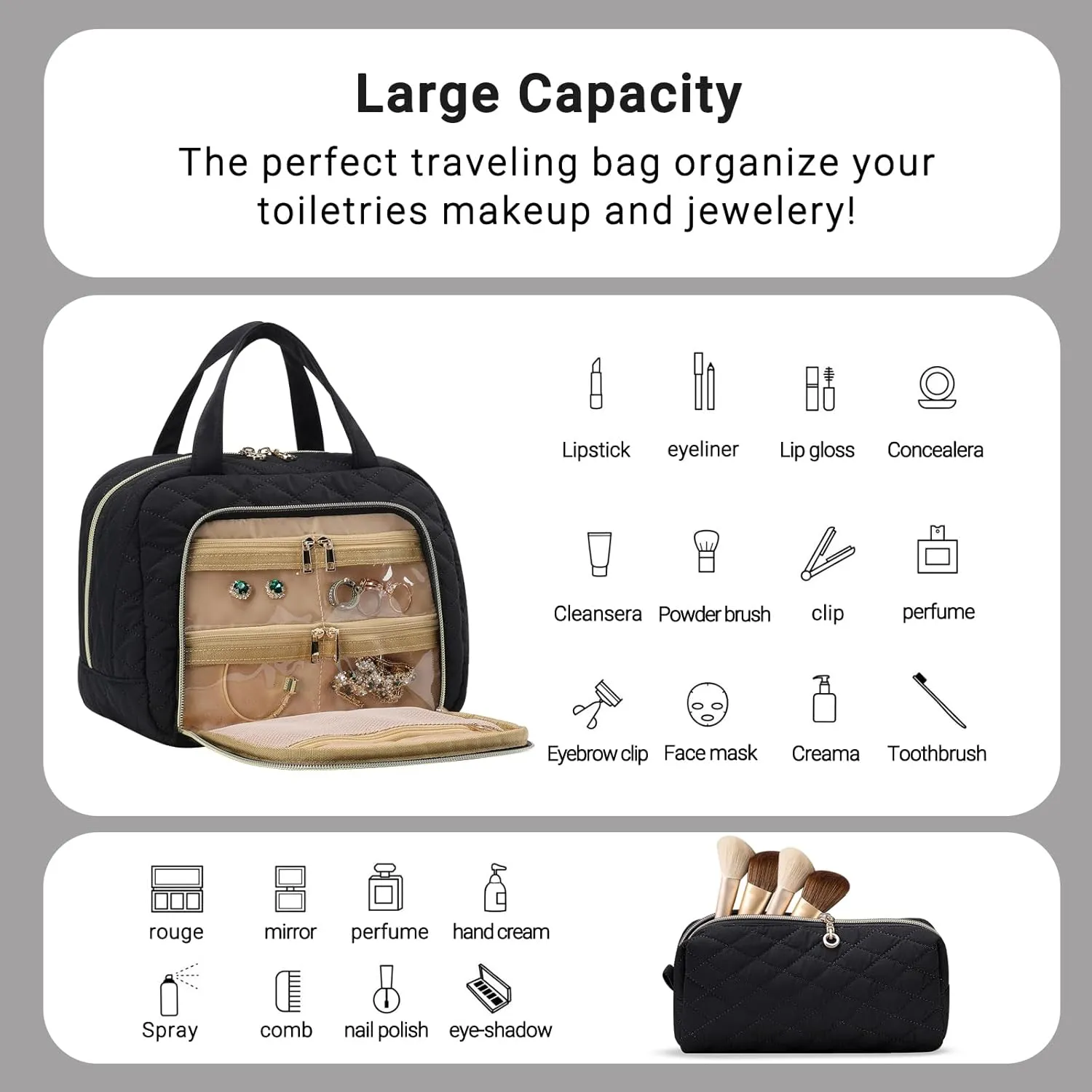 MAXTOP Large Capacity Makeup Bag,2-Piece Quilted Cosmetic Bags for Women,Travel Toiletry Bag With Jewelry Organizer Compartment and Storage Make Up Organizer Travel Essentials（Pink）