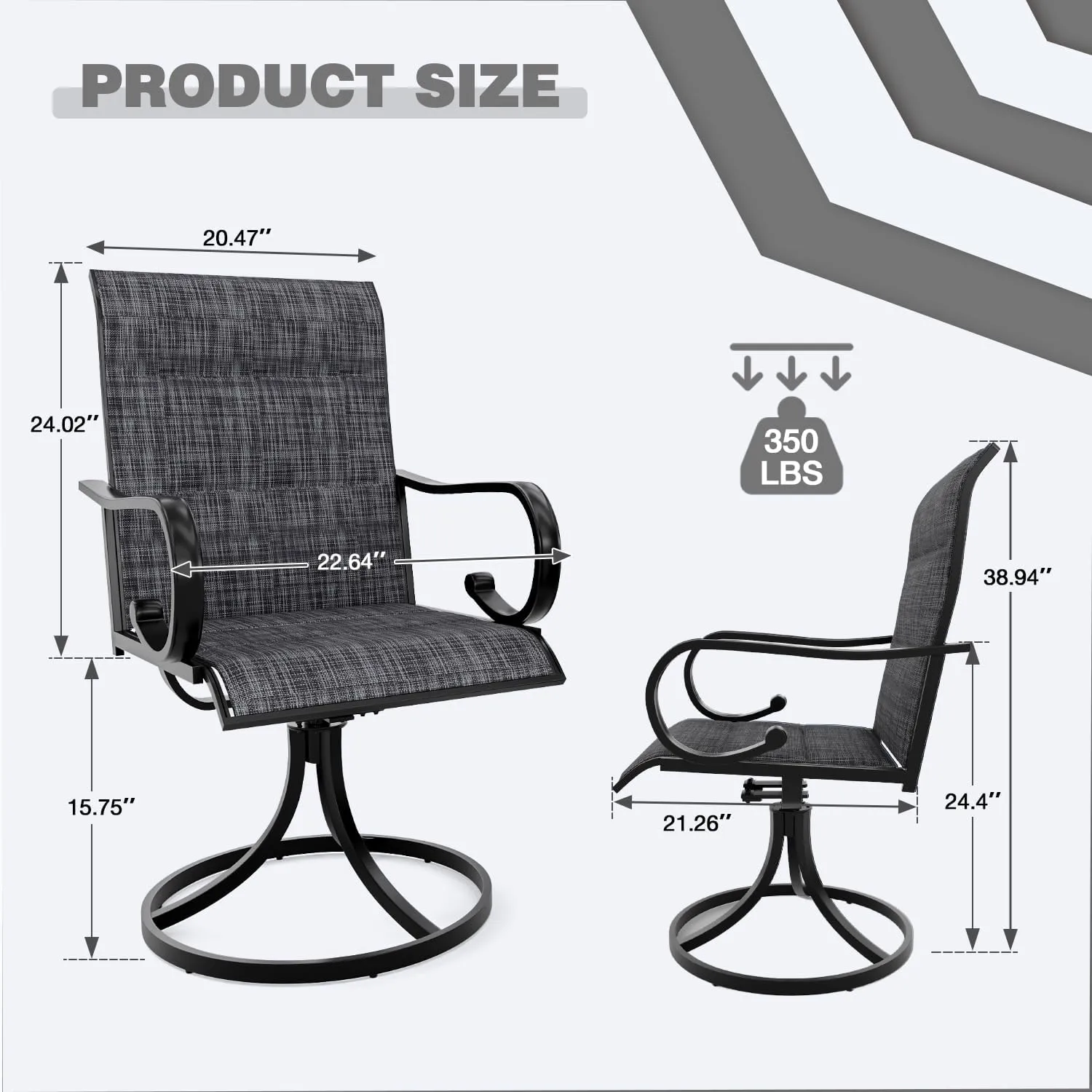 MELLCOM Patio Swivel Chair Set of 2, High Back Padded Textilene Outdoor Dining Chairs with E-Coating Metal Frame, All-Weather Outdoor Furniture Rocker for Backyard, Porch, Garden, Lawn, Grey