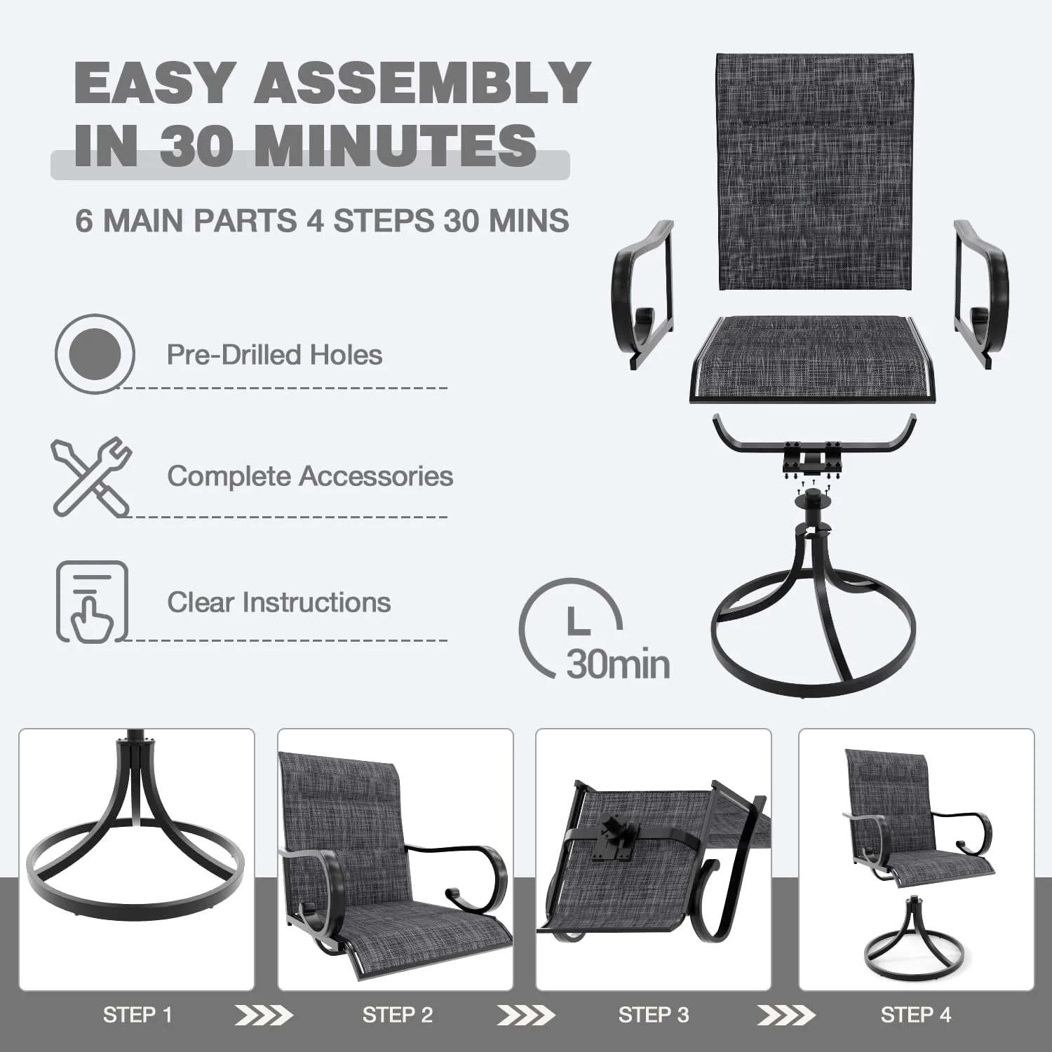 MELLCOM Patio Swivel Chair Set of 2, High Back Padded Textilene Outdoor Dining Chairs with E-Coating Metal Frame, All-Weather Outdoor Furniture Rocker for Backyard, Porch, Garden, Lawn, Grey
