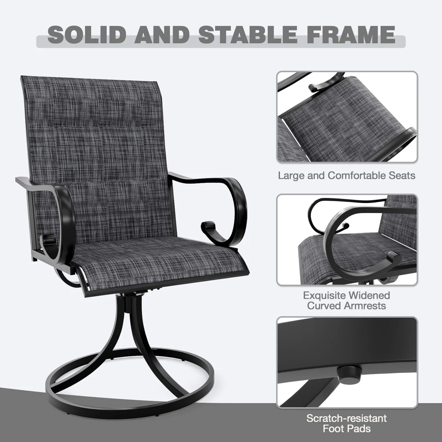 MELLCOM Patio Swivel Chair Set of 2, High Back Padded Textilene Outdoor Dining Chairs with E-Coating Metal Frame, All-Weather Outdoor Furniture Rocker for Backyard, Porch, Garden, Lawn, Grey