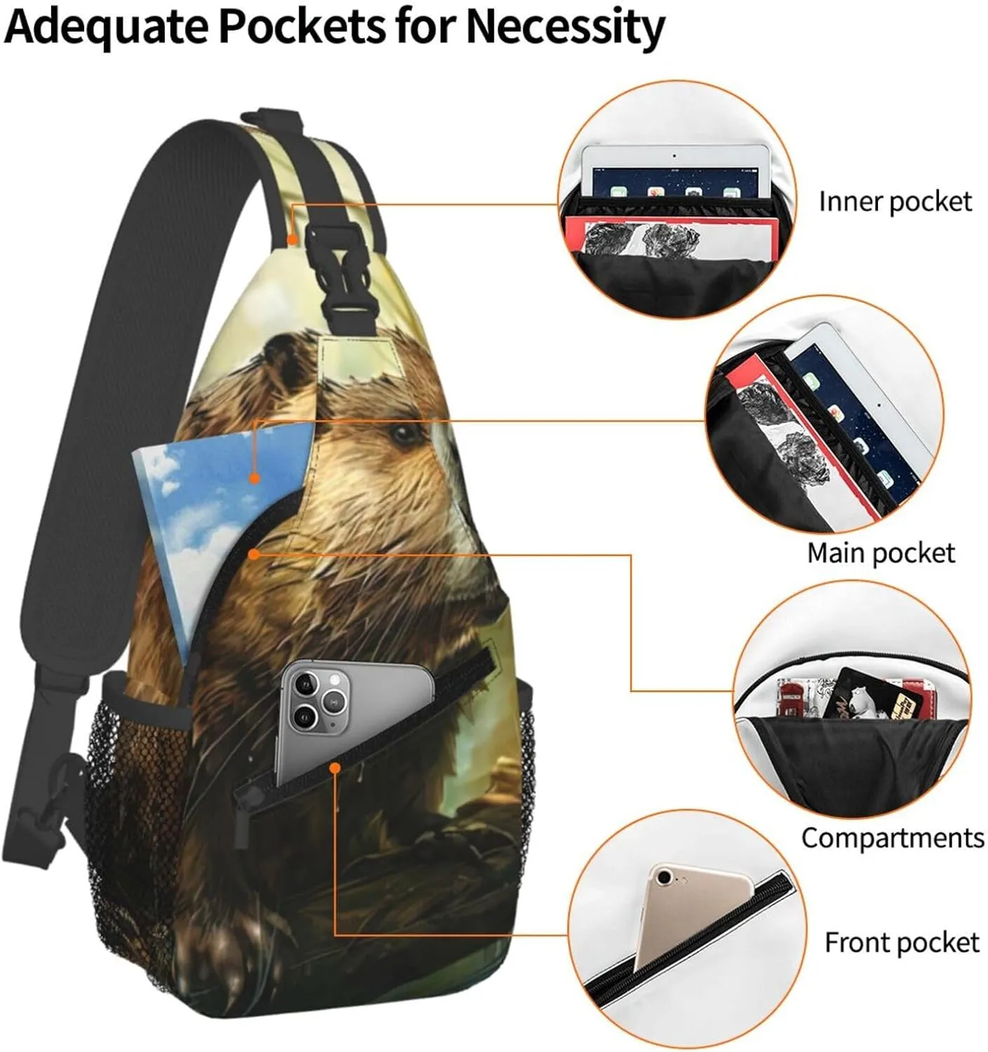 Men's Beaver Print Crossbody Shoulder Bag Travel Hiking Daypack for Women Crossbody Sling Backpack