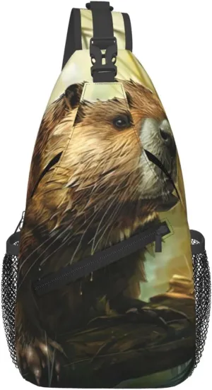 Men's Beaver Print Crossbody Shoulder Bag Travel Hiking Daypack for Women Crossbody Sling Backpack