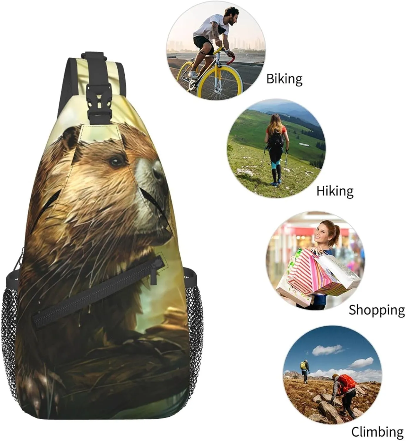 Men's Beaver Print Crossbody Shoulder Bag Travel Hiking Daypack for Women Crossbody Sling Backpack