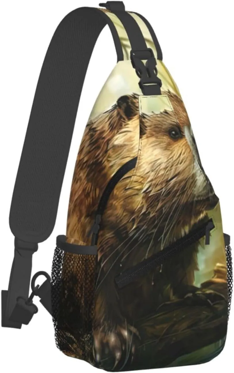Men's Beaver Print Crossbody Shoulder Bag Travel Hiking Daypack for Women Crossbody Sling Backpack