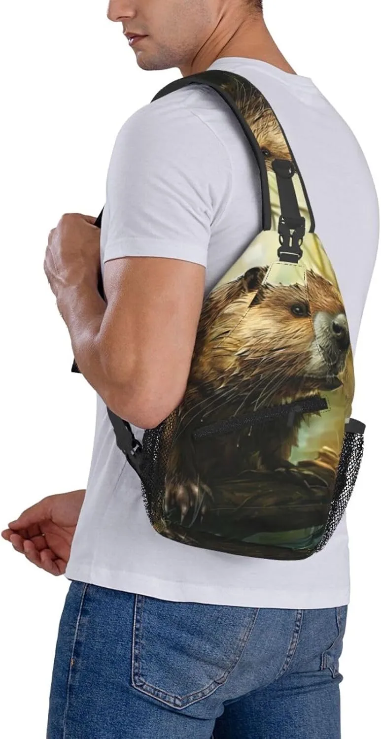 Men's Beaver Print Crossbody Shoulder Bag Travel Hiking Daypack for Women Crossbody Sling Backpack