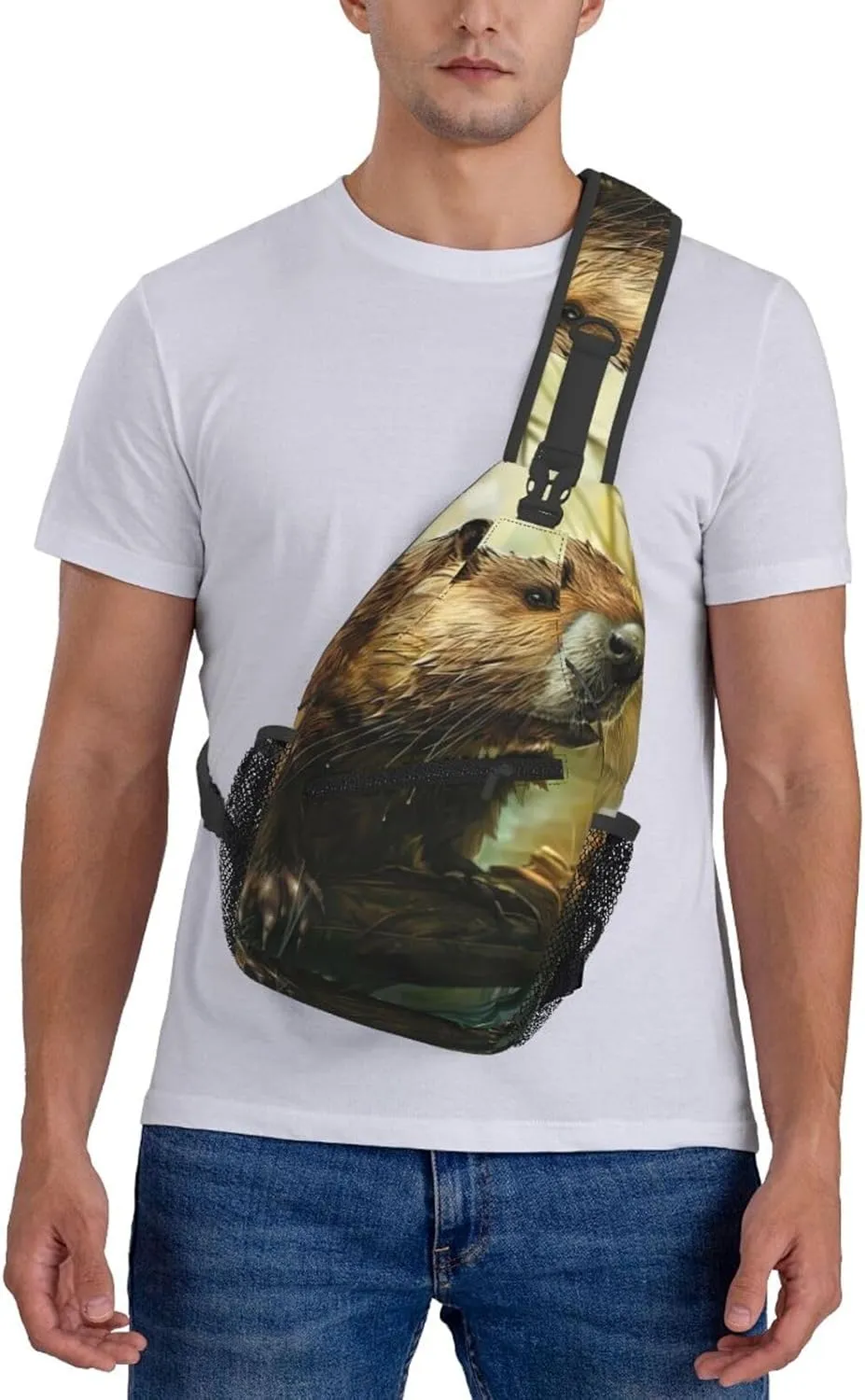 Men's Beaver Print Crossbody Shoulder Bag Travel Hiking Daypack for Women Crossbody Sling Backpack