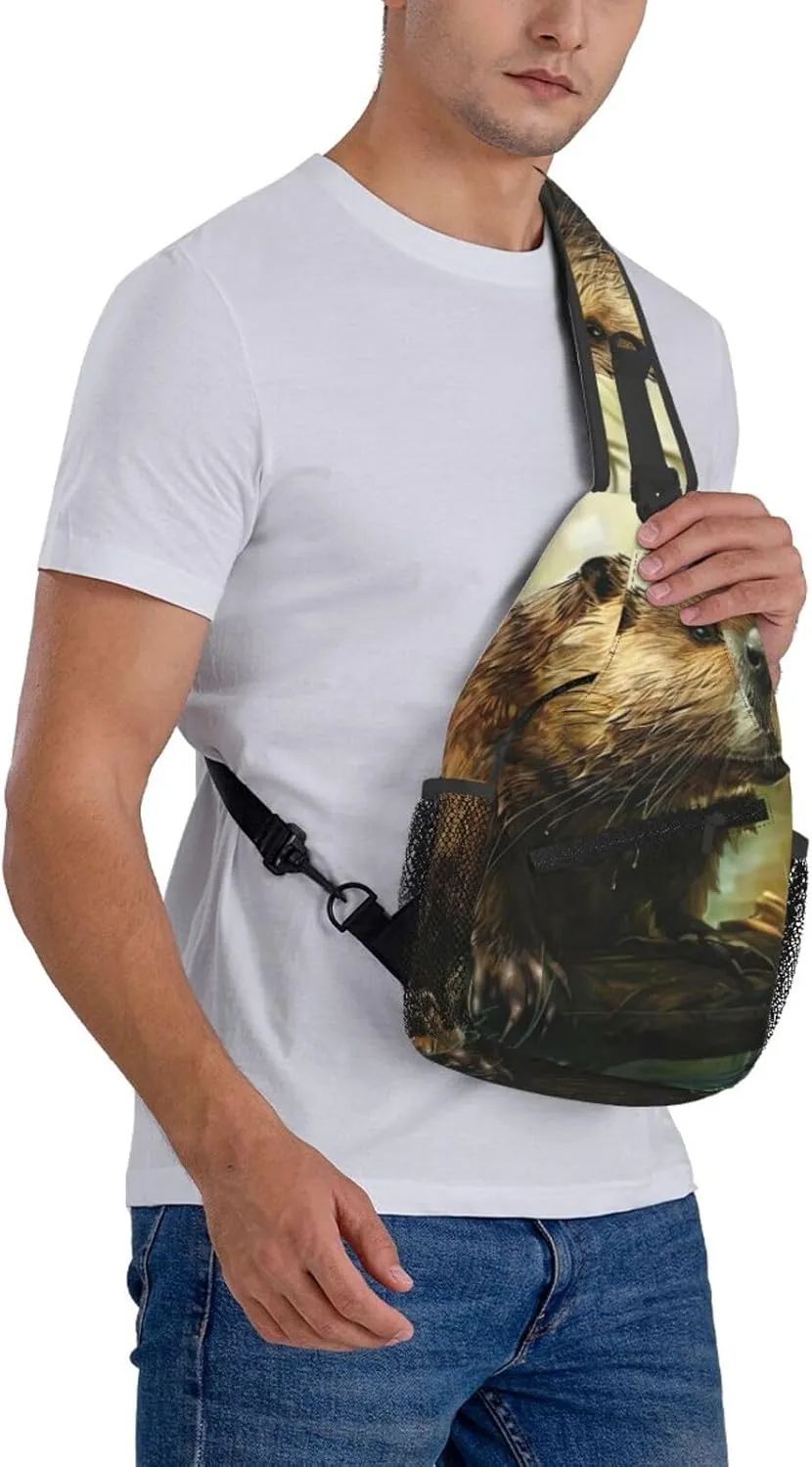 Men's Beaver Print Crossbody Shoulder Bag Travel Hiking Daypack for Women Crossbody Sling Backpack