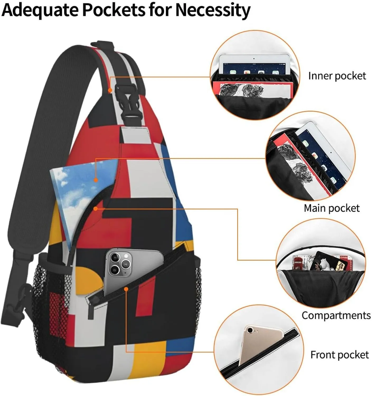 Men's Composition in Red Yellow Blue and Black Print Crossbody Shoulder Bag Travel Hiking Daypack for Women Sling Backpack