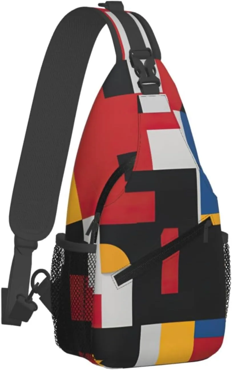 Men's Composition in Red Yellow Blue and Black Print Crossbody Shoulder Bag Travel Hiking Daypack for Women Sling Backpack