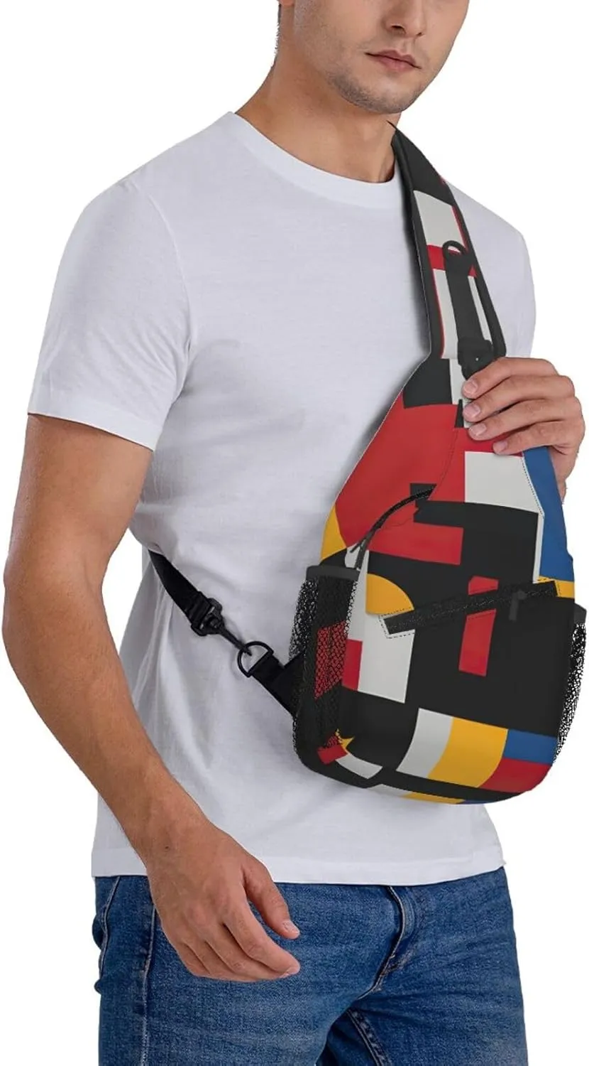 Men's Composition in Red Yellow Blue and Black Print Crossbody Shoulder Bag Travel Hiking Daypack for Women Sling Backpack