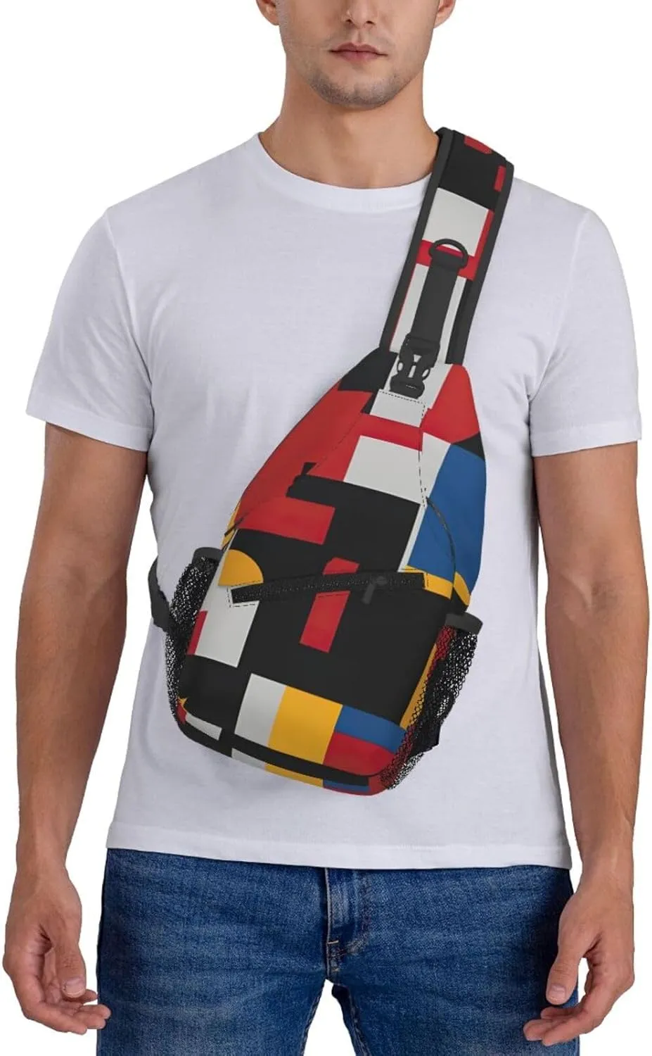 Men's Composition in Red Yellow Blue and Black Print Crossbody Shoulder Bag Travel Hiking Daypack for Women Sling Backpack