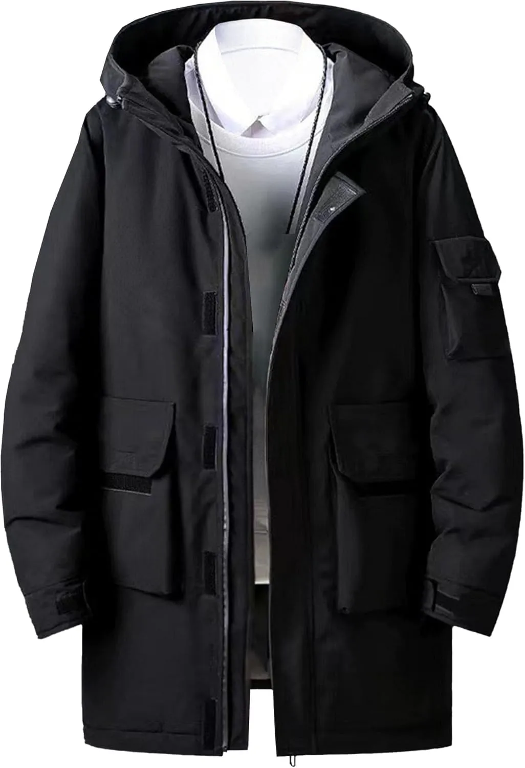 Mens Long Windproof Hooded Jacket Water-Repellent Jackets for Ski Outdoor Winter Quilted Zip Male Puffer Parka